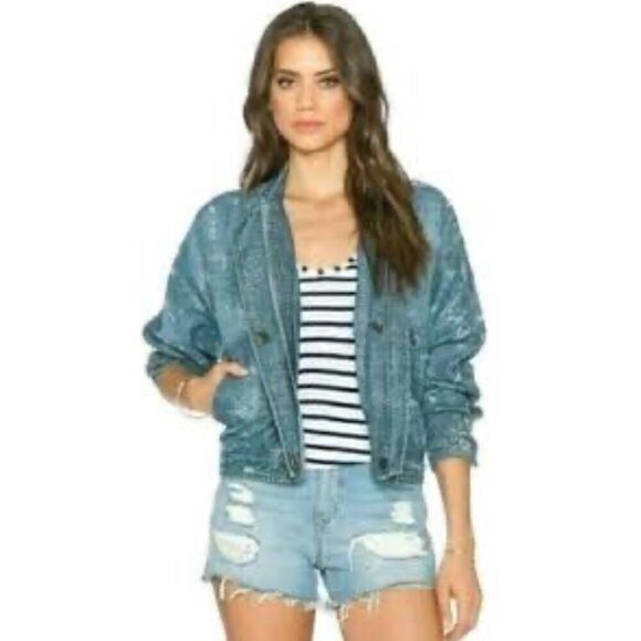 Free People Tattered Tennis Bomber Zip & Snap Front Distressed Jacket M - Picture 1 of 12